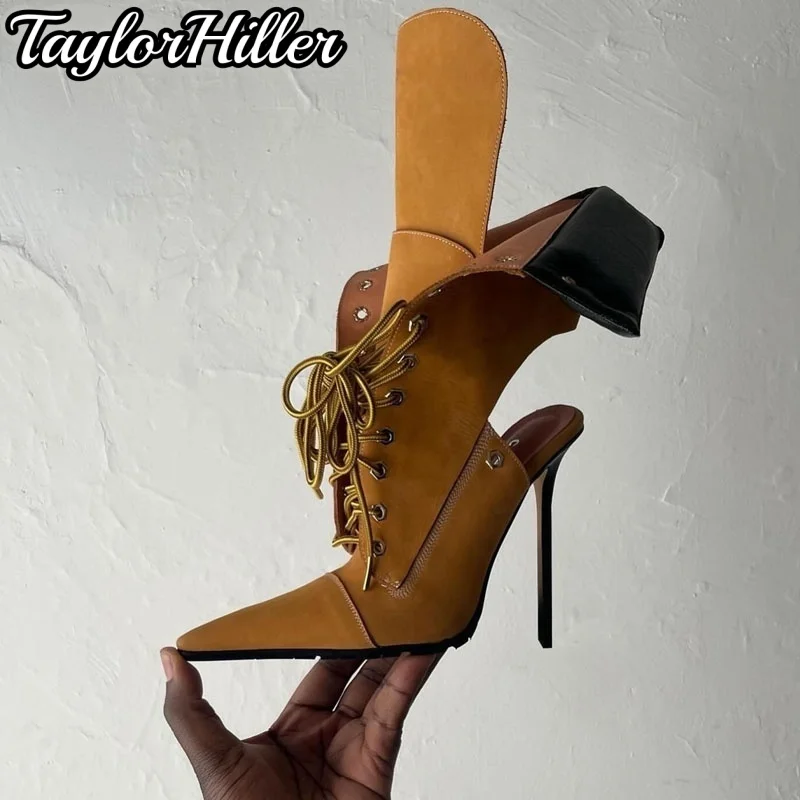 Gladiator Hakken Patchwork Front Lace Up Laarzen Puntige Teen Stiletto Booties Vrouwen Luxe Designer Schoenen Moderne Zapatos De Mujer