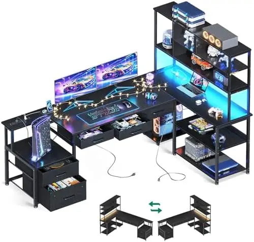 79 inch L Shaped Desk with 5 Drawers, Reversible L Shaped Gaming Desk with LED Light & 2 Power Outlets, Computer Desk