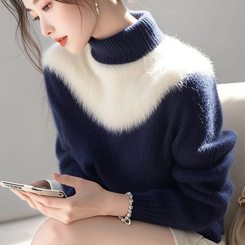 Blue White Color Blocked Fashionable Women's Sweater Autumn Winter Casual High-end Half High Neck Knitted Sweater Top for Women