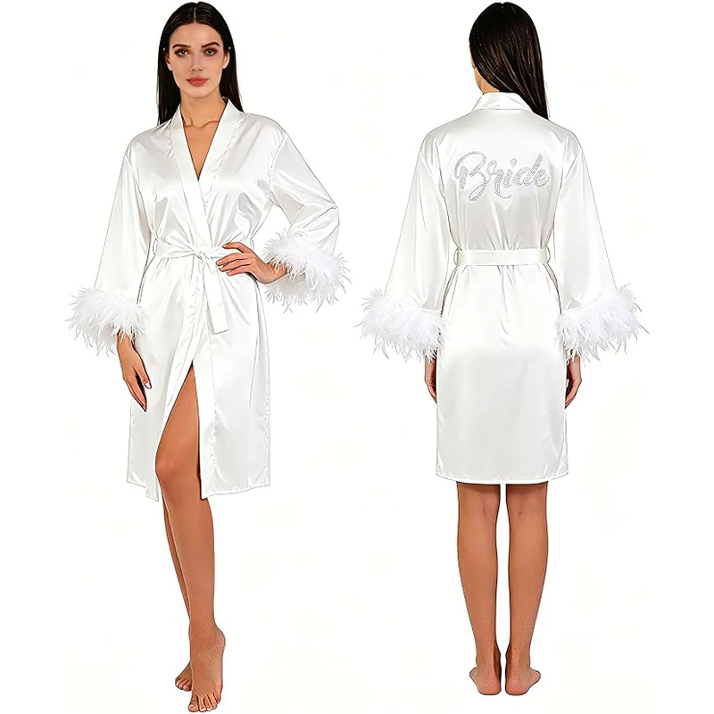 Bride Robe with Feather for Wedding Day Bridal Satin Robe Sexy Silk Bride Bathrobe Wedding Party Getting Ready Outfit