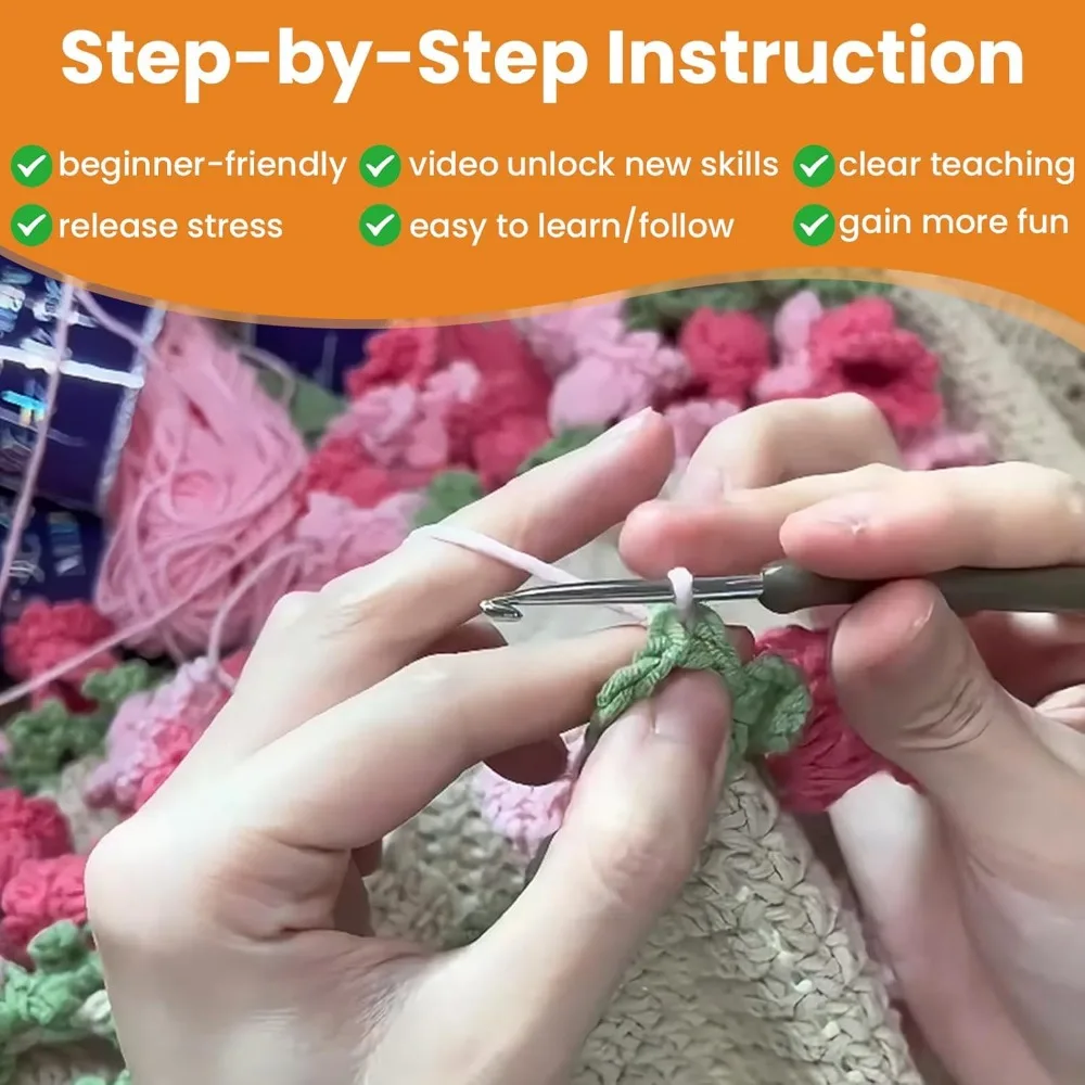 Beginner Crochet Kit – DIY Floral Blanket with Hook, Pattern & Step-by-Step Video Tutorial, Easy Craft Gift for Women, Christma