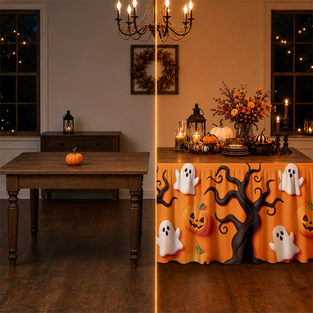 Halloween-themed table skirts/tablesheets, featuring terrifying trees, pumpkins and ghosts.zyc