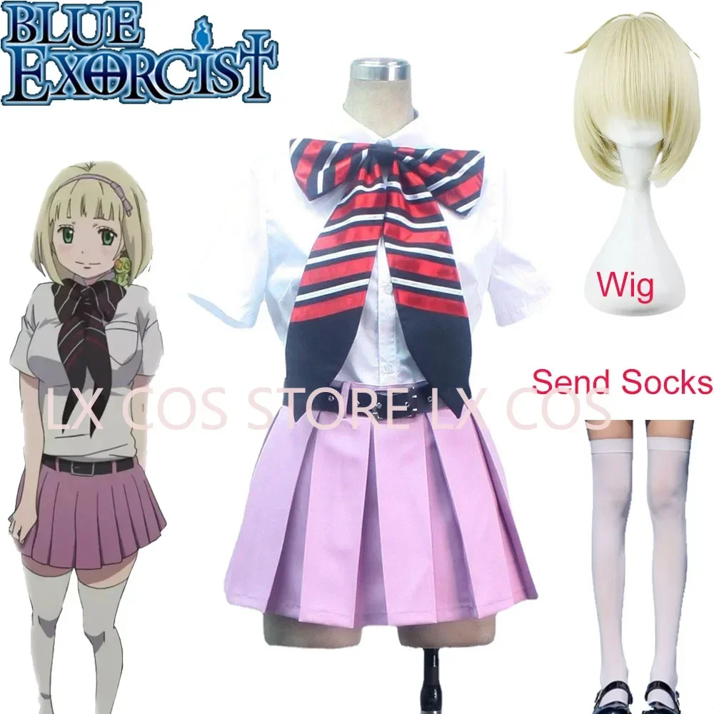 Anime exorcista azul Ao no exorcista Cosplay Shiemi Moriyama disfraz uniforme escolar de Anime Cosplay conjunto completo peluca y juguete