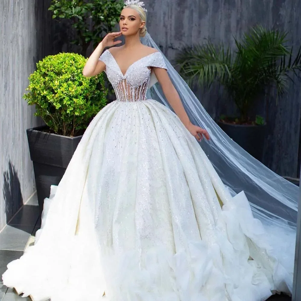 Customized  V Neck Heavy Crystals Beaded Ballgown Wedding Dresses Sweep Train See Through Backless Off The Shoulder Bridal Gowns