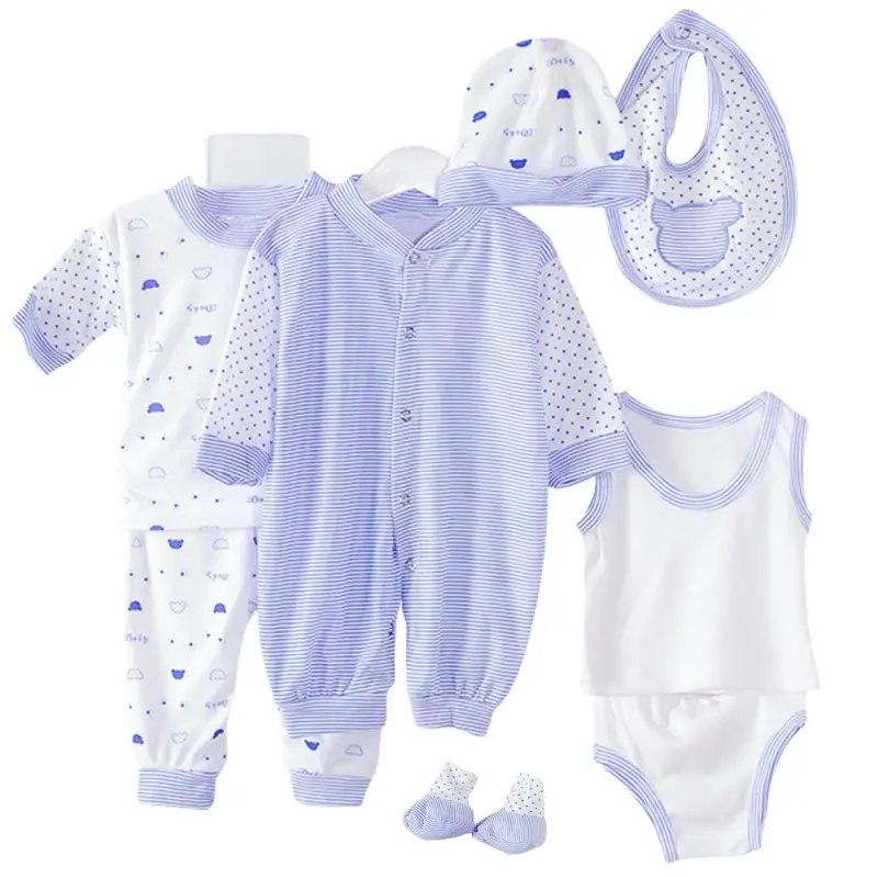 Newborn Baby Cotton Striped Polka Dot Clothing Set Baby 8 Piece Bib Hat Bodysuit Underwear Pajamas Socks 0-1 Years Old