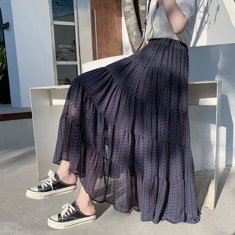 Summer Long Chiffon Skirts Floral Daisy Wave Striped  Printing A-line Korean Ankle Length Chiffon Skirts