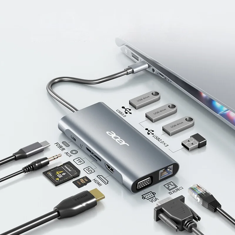 Acer 11in1 USB-C Station d'accueil convertisseurs HDMI/VGA miroir d'�cran 4K prise en charge Audio Ethernet id�al pour iPad Pro MacBook plus