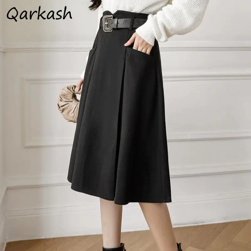 

Midi Black Skirts for Women Office Lady with Pockets Elegant Solid Simple Loose Fashion All-match Korean Style A-line Autumn New