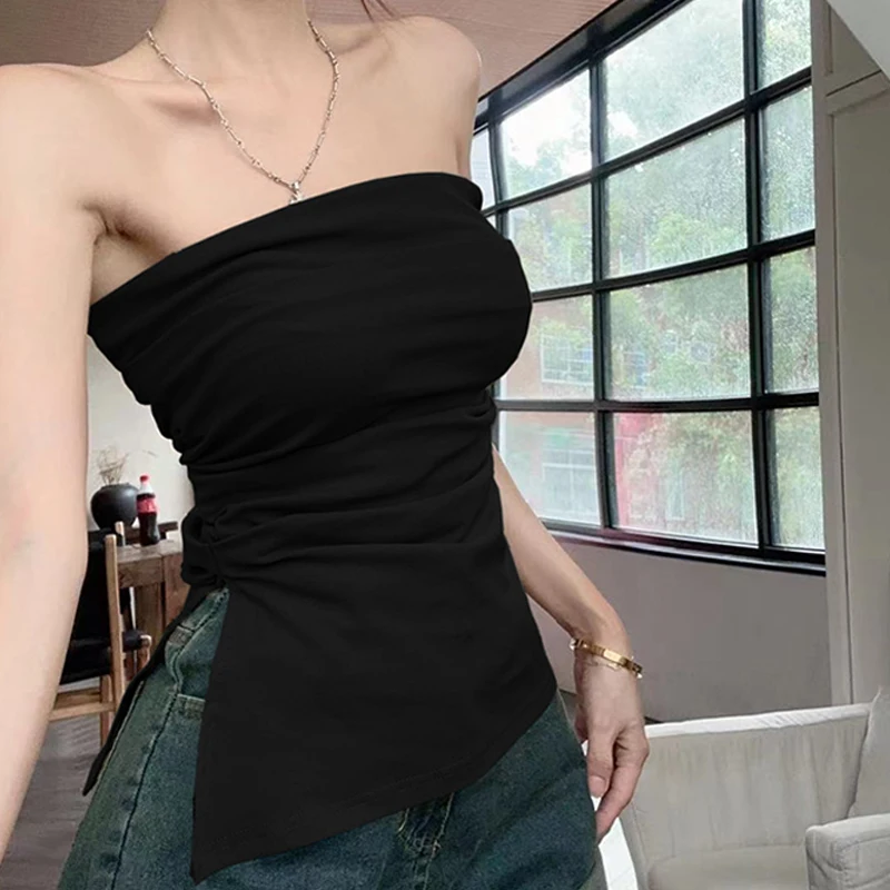 스트랩리스 방도 튜브톱 캐주얼 사이드 슬릿 밑단 비대칭 민소매 조끼, 섹시한 방도 탑, 여름