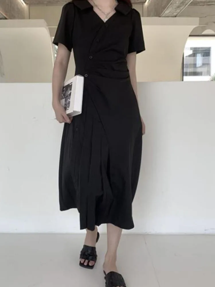 

Women's Short Sleeve Dress Summer New V-Neck Slim A-Line Skirt Waist Commuter Temperament Black Large Size Skirt