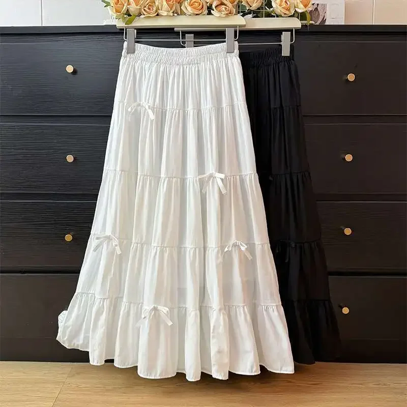 Elegant White Bow Skirt With Slimming Medium-Length A- Line For Summer 2024 New Arrival Casual Flowy Long Dress