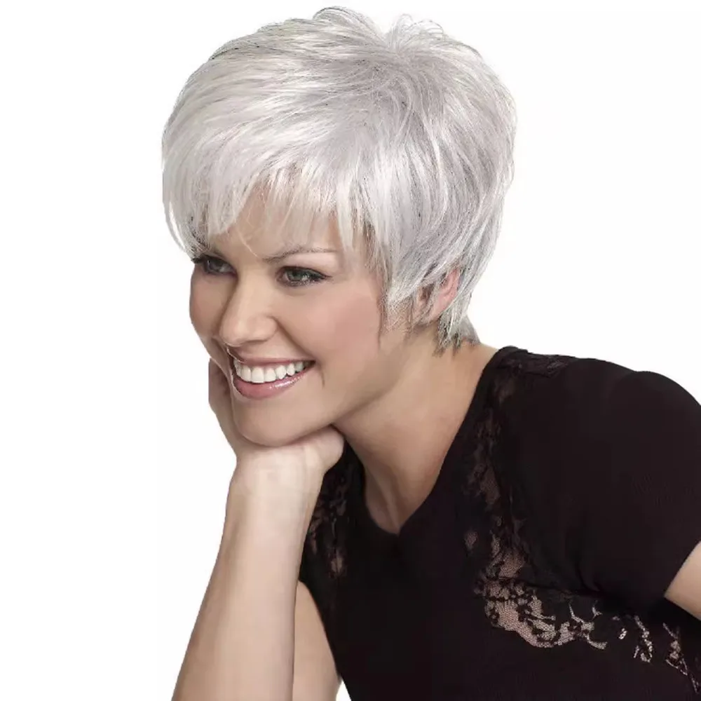 

Heat Resistant Short White Straight Synthetic Wig Full Cap Bob Hairpiece for Older Women Middle Aged Ladies Gift for Mom