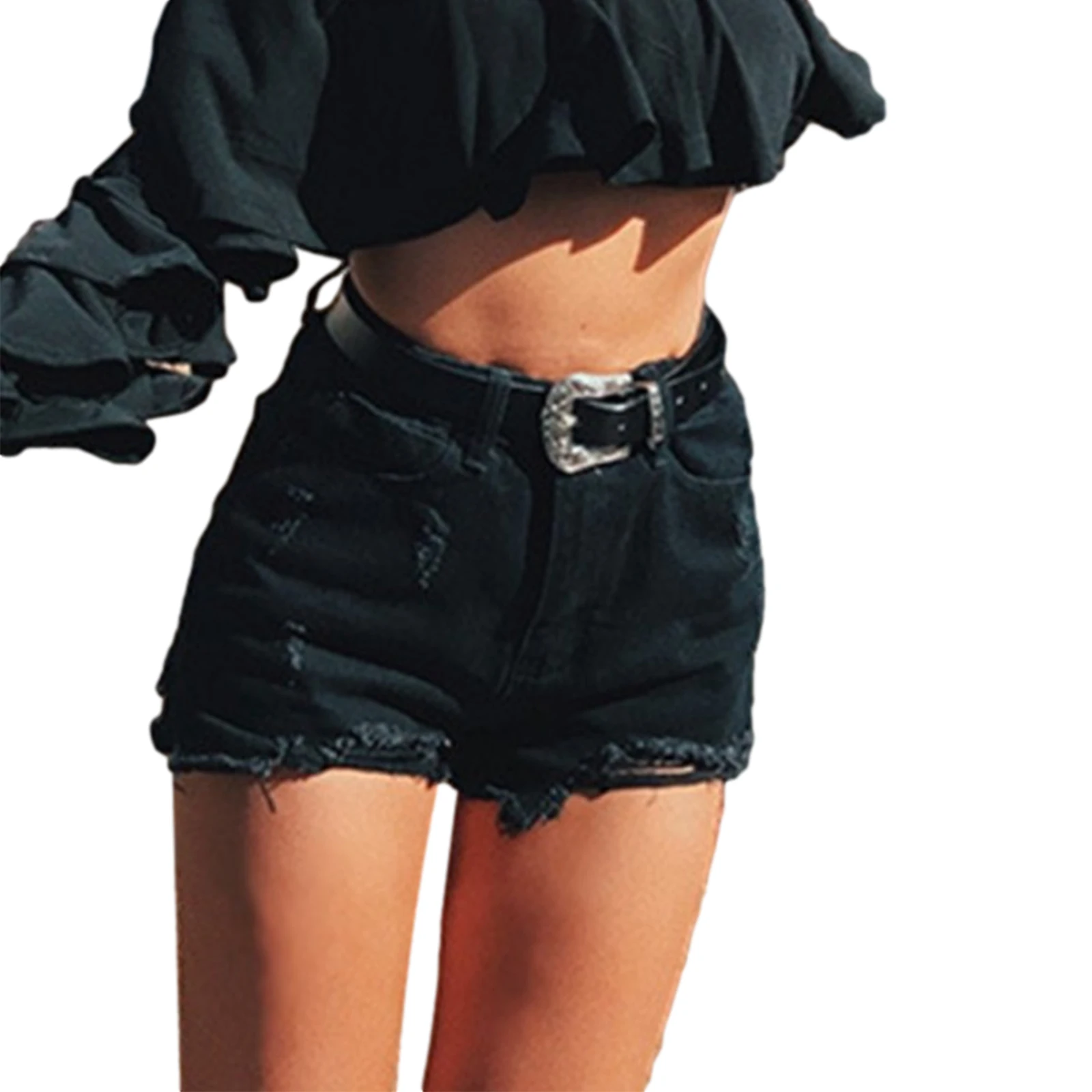 Women Short Jeans High Waist Classic Holes Shorts with Pockets Y2K Slim Summer Female Straight Leg Jean Burr Hem Garment