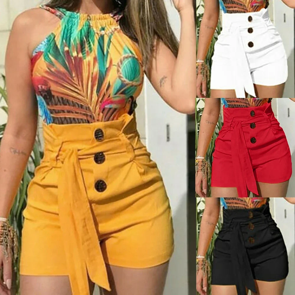 Hot Sale 2019 4 Colors Women's High Waist Shorts Slim Fit Button Fashion Casual Style Belted Shorts Ladies Solid Streetwear