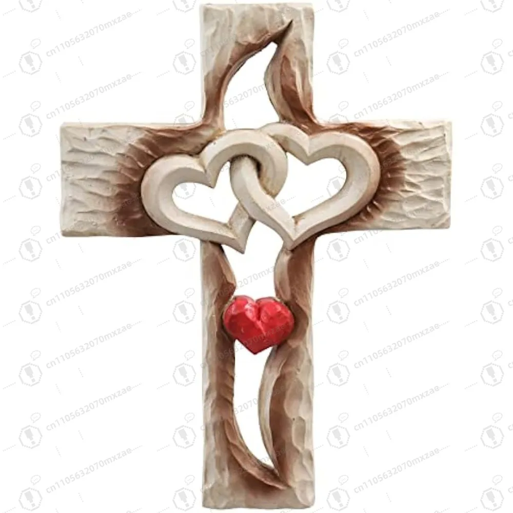 2pcs Resin Cross Wall Decor Intertwined Hearts Christian Gift Home Living Room Art 6.88x5.23 Inch