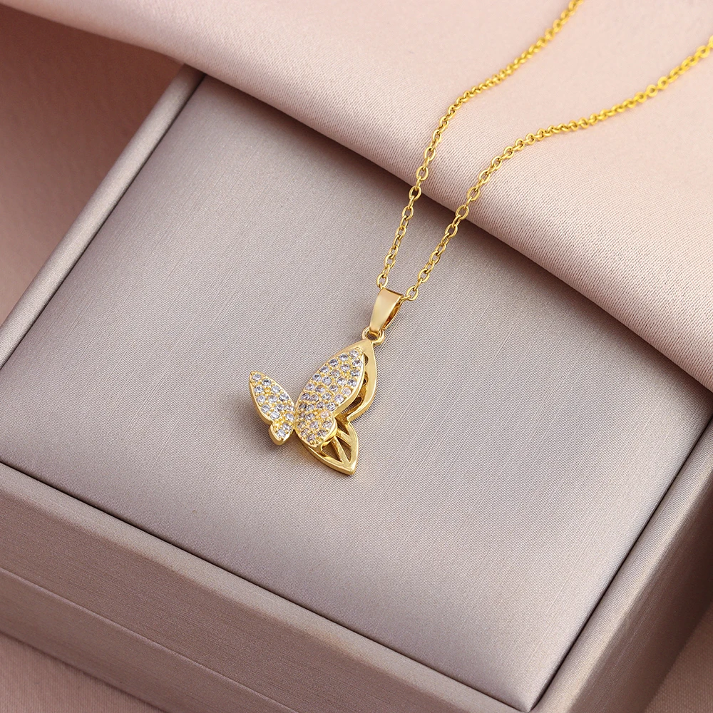 New Sweet Sexy Zircon Crystal Butterfly Pendant Necklaces For Women Female Stainless Steel Neck Chain Jewelry Ladies Accessories