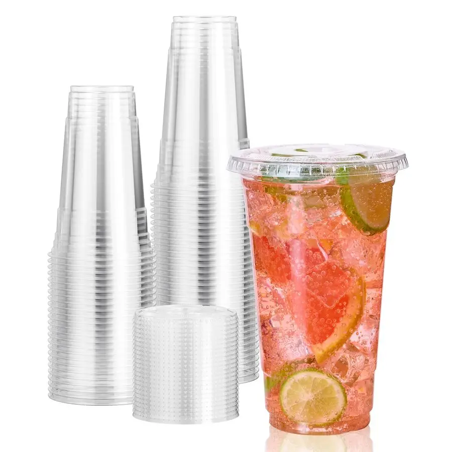 

140 Pack 24 OZ PET Clear Plastic Cups with Lids, 24 OZ Crystal Cold Disposable Drinking Plastic Cups with Flat Lids, Perfect for