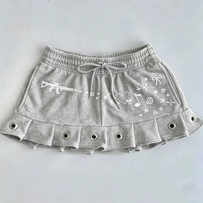 Y2K Strass-Minirock für Damen mit Kordelzug, Elastischer Taille, Rüschensaum, Gotischer Ösen-Plissee-Kurzrock, Niedlicher Musiknoten-Design – Detail 3