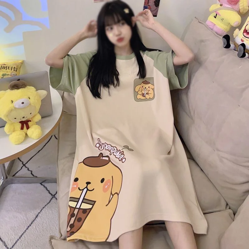 Sanrio Cute Pajamas Dress Pompom Purin Sleeping Skirt Summer Dresses Short Sleeve Long Dresses Sleepwear Student Home Wear New