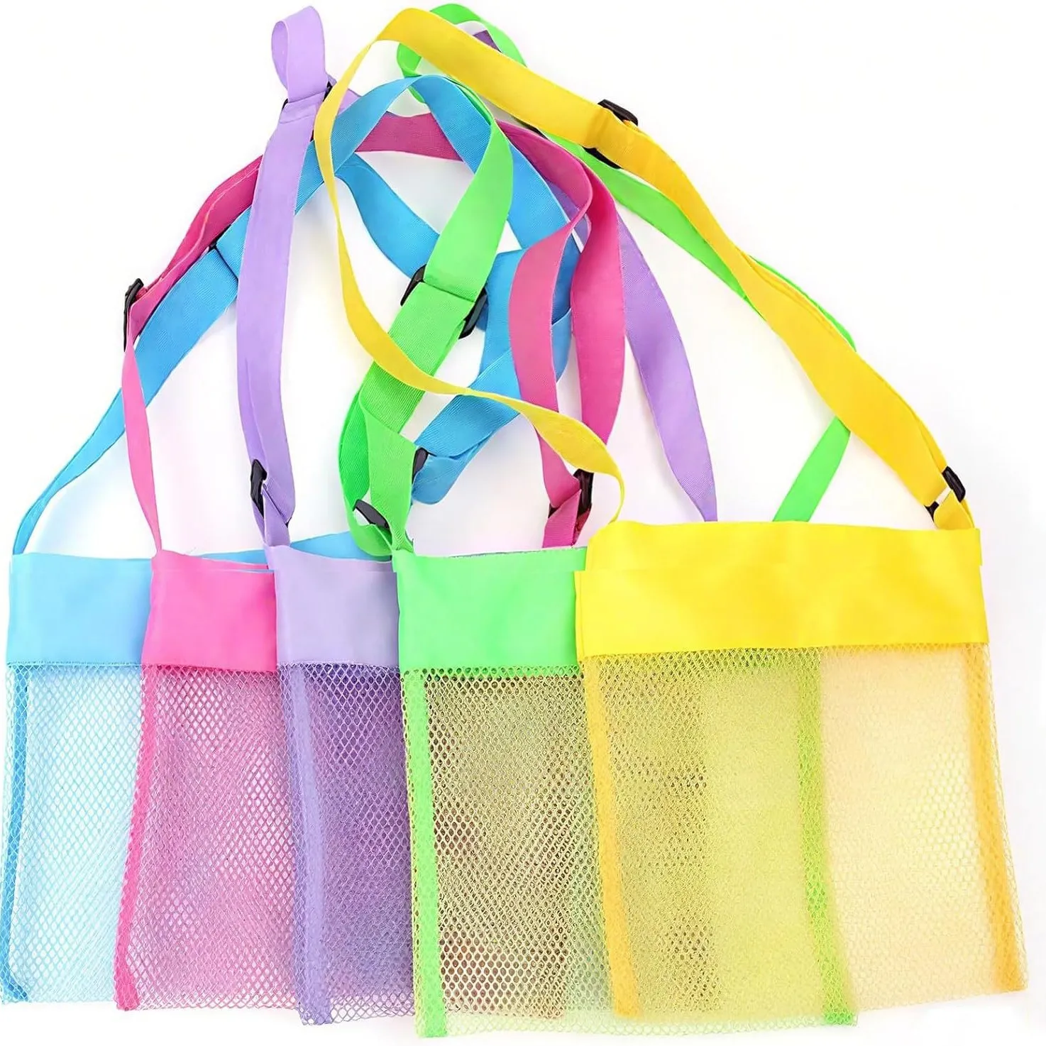 Folding Mesh Beach Bag Portable Sea Shell Collecting Bag Adjustable Shoulder Strap Kids Sand Toy Storage Bag