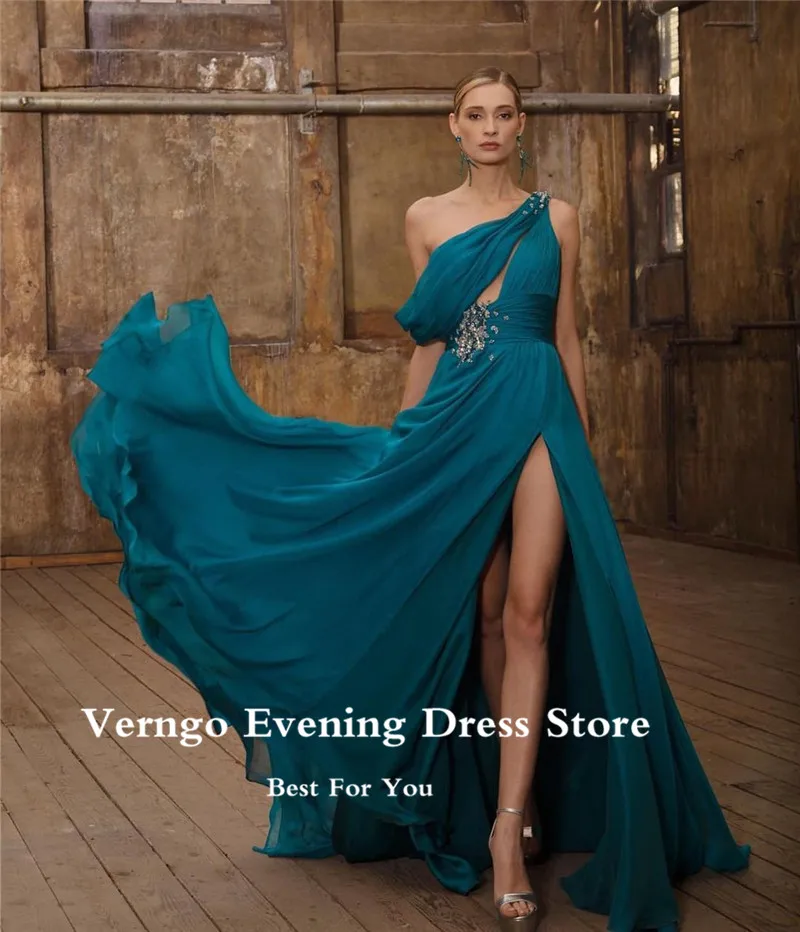 Verngo – robe de soirée en mousseline de soie bleu foncé, asymétrique, épaule dénudée, perles, robes de plage, fente haute, Sexy, robes de bal, nouvelle collection 2022