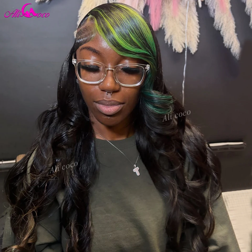 

Natural Black with Stripe Green 180 Density Closure Pre Plucked Wigs Transparent Lace Front Body Wave Human Hair Brazilian Remy