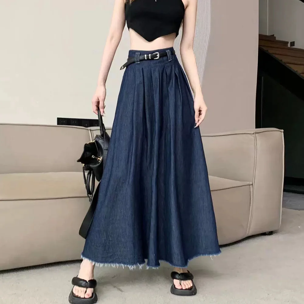 New Women Spring Summer Denim Skirt Fashion Vintage High Waist A-Line Ragged Denim Skirt Casual Loose All-match Jeans Skirt