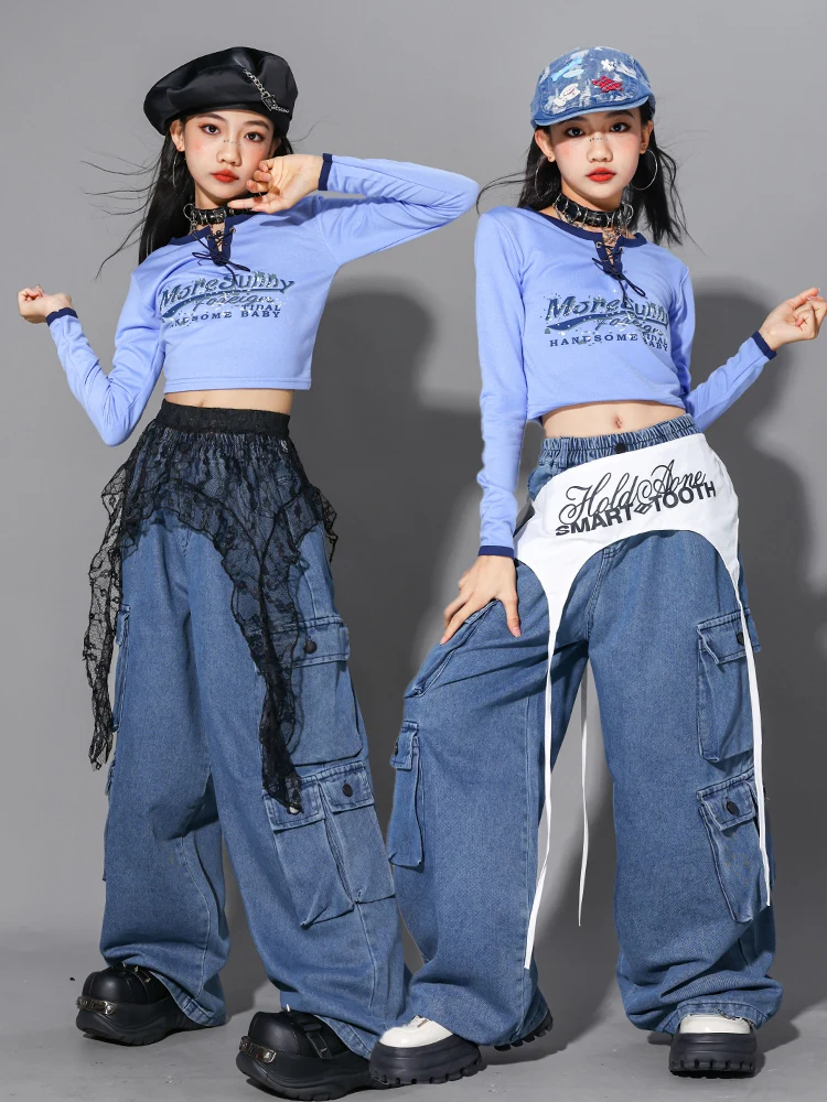 Kpop 2025 meninas roupas jazz hip hop dança traje azul denim calças de carga mangas compridas roupas desempenho dança rua bl18029