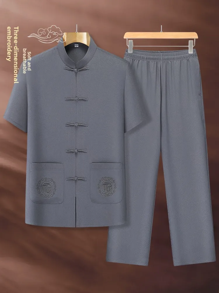 ゆったりとした半袖メンズ唐服お父さん夏服薄型モデル高齢者カジュアルウェア刺繍入りノーアイロン加工