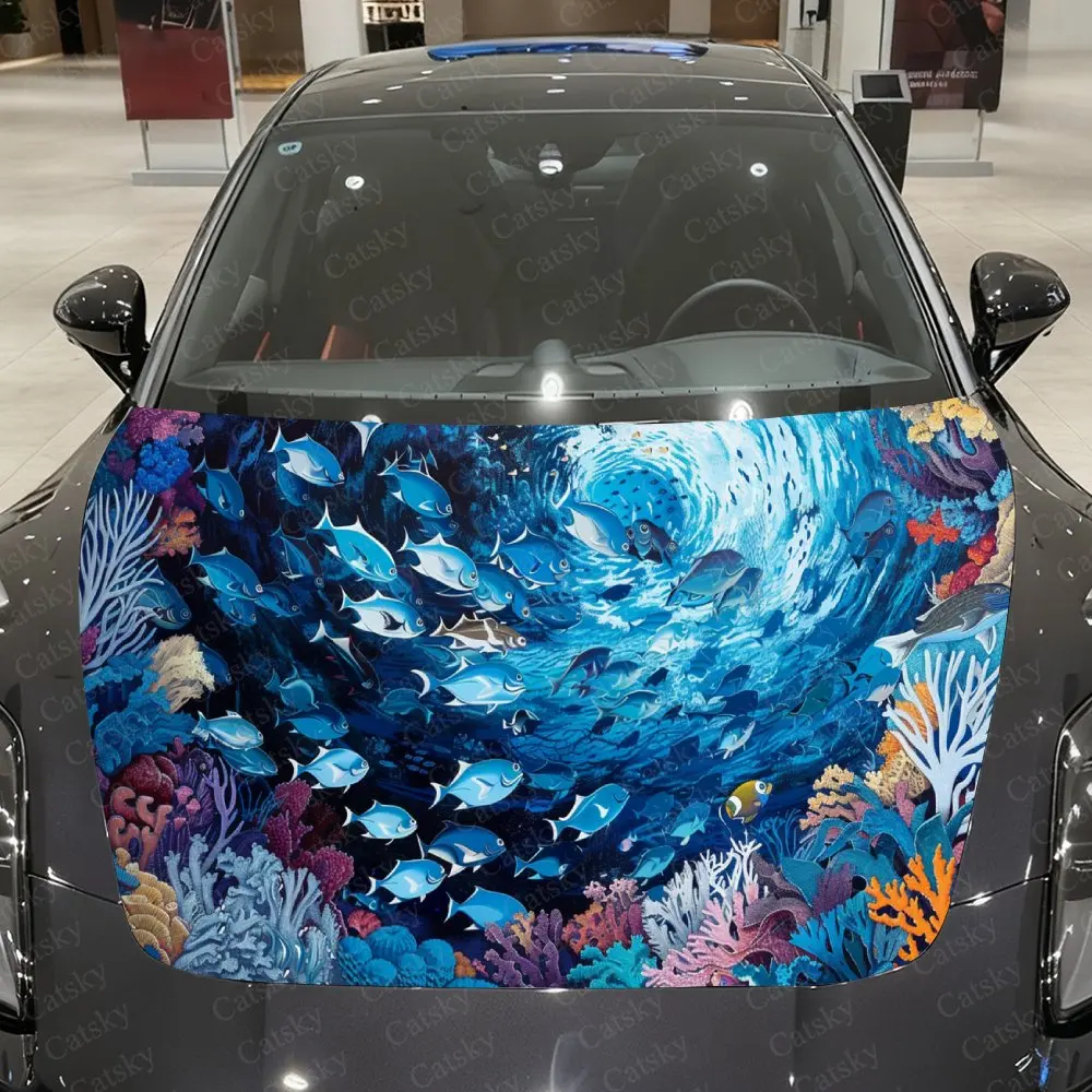 

Colorful Coral Ocean Vortex Car Vinyl Wrap, PVC Material Waterproof Car Hood Sticker, Self-Adhesive Scratch-Resistant Stickers f