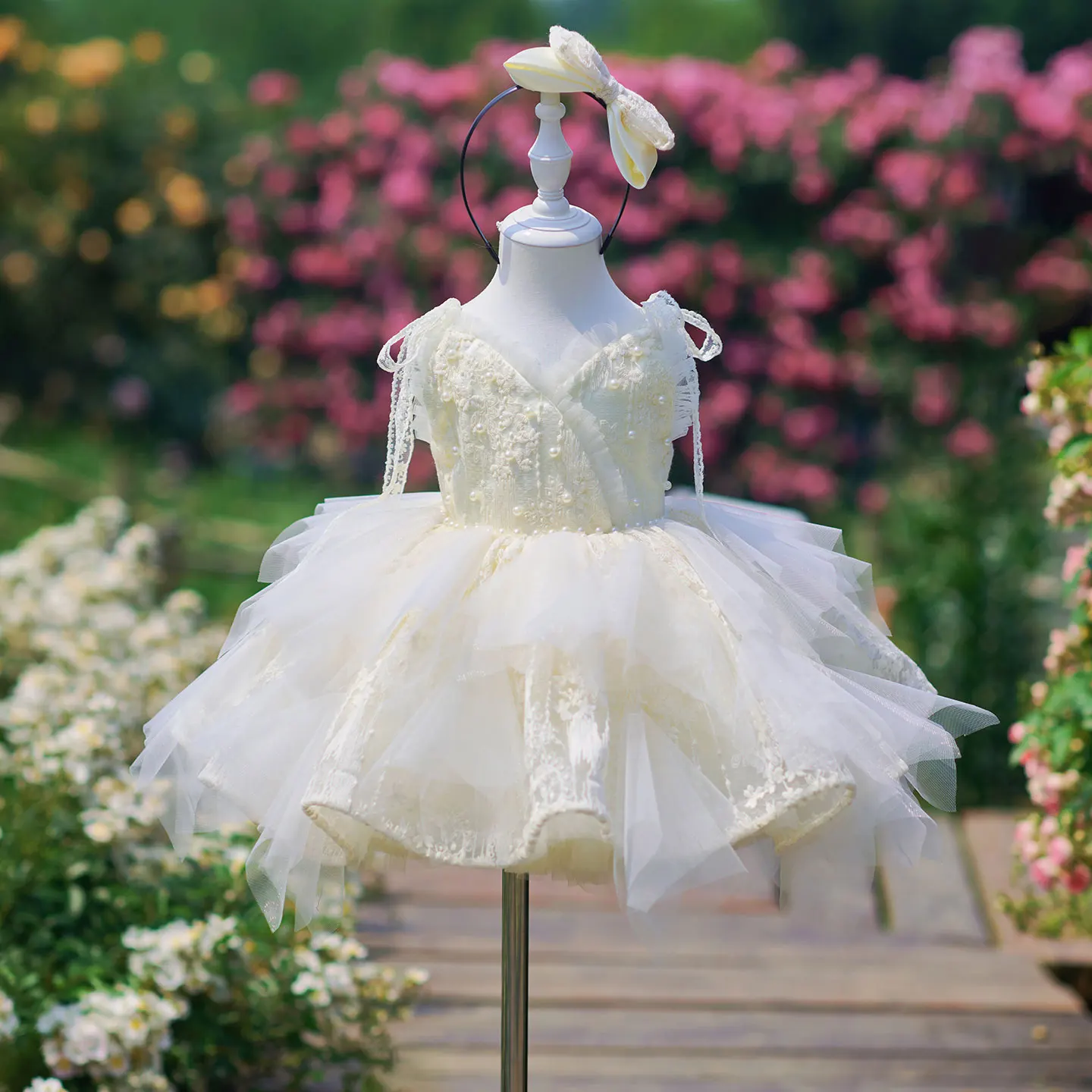 

Jill Wish J912 Luxury Ivory Baby Girl Lace Flower Dress with Pearl Embroidery, Layered Tulle Princess Party Dress Birthday