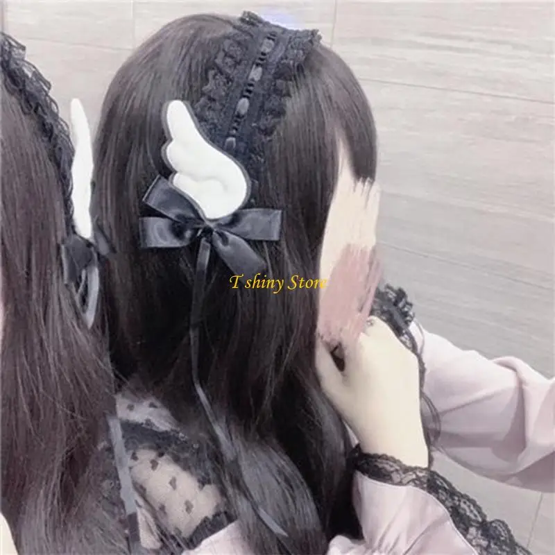 N58f Women Hair Bands Maid Cosplay Band Band Lolitas en dentelle lace avec des ailes mignonnes, décorations à bowknot