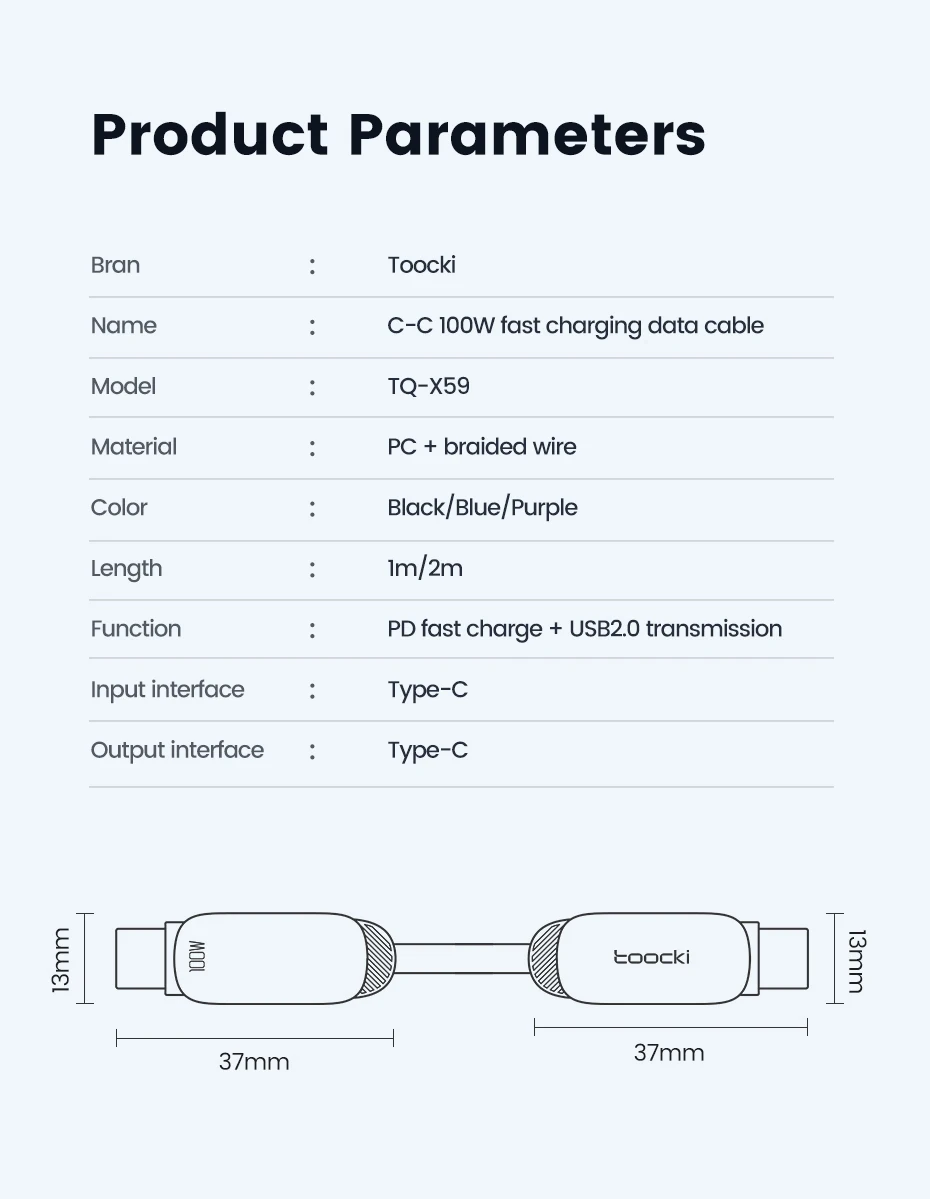 Toocki USB-C-auf-USB-C-Kabel, 100 W, PD-Schnellladekabel, USB-Typ-C-Datenkabel mit digitaler Anzeige für Macbook, iPhone, Samsung. – Detail 14
