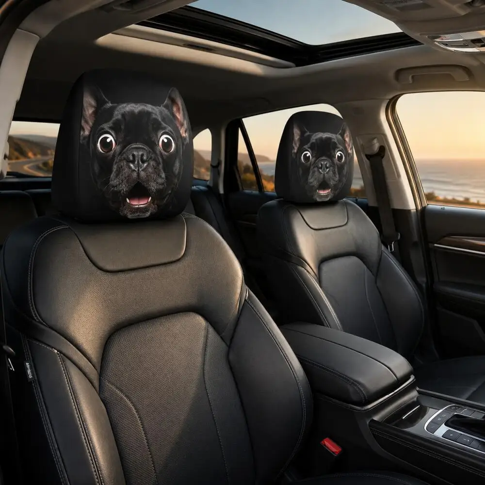 1pc Funny Black French Bulldog Car Headrest Cover, 2D Printed, Elastic Universal Fit