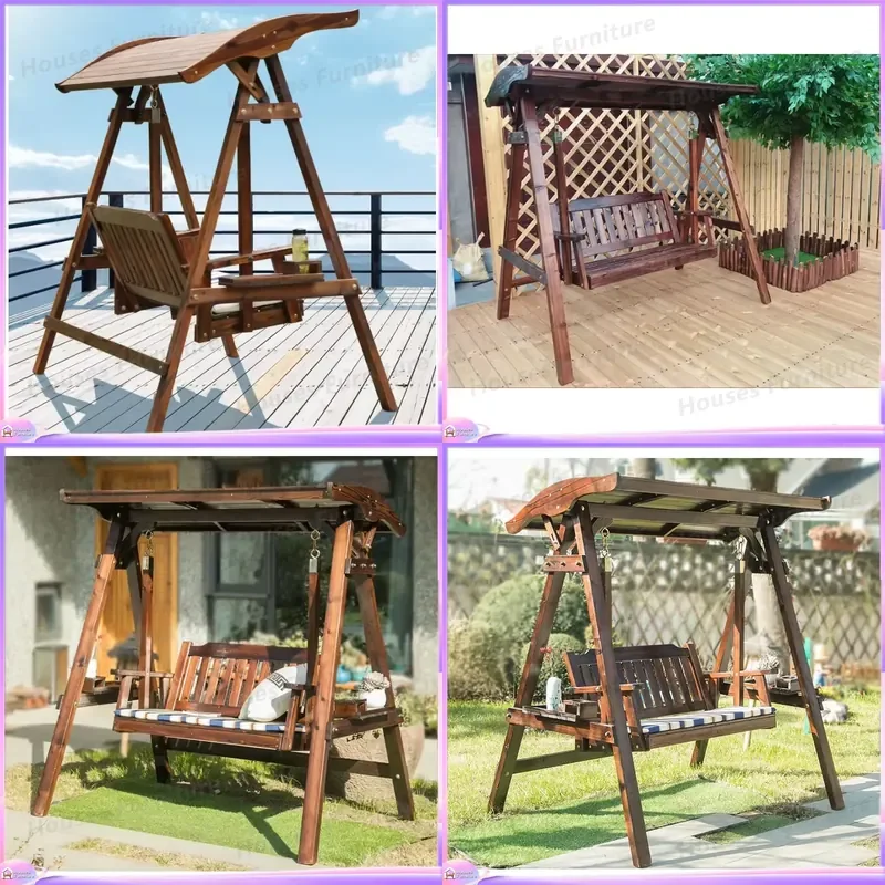 Outdoor Double Hammock Swing Chair Solid Wood Garden Terrace Hanging Seat for Two Persons Patio Furniture Relaxing Porch