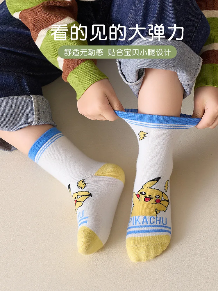 5 Pairs Pikachu Kids Socks Kawaii 2024 New Fall Winter Cartoon Boy Children Mid-calf Socks Cotton Sock for Boys Gifts