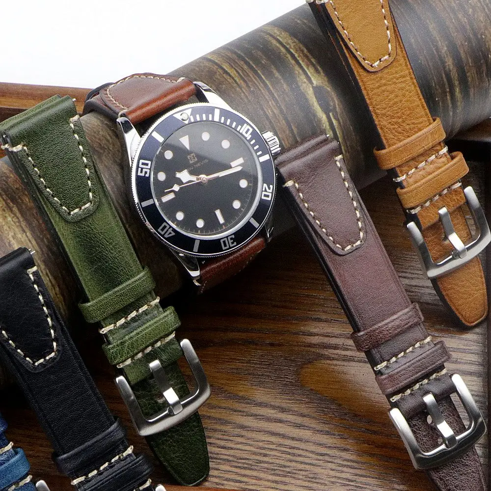 Hochwertiges handgefertigtes Vintage-Uhrenarmband, 18 mm, 20 mm, 22 mm, Schnellverschluss-Uhrenarmband-Zubehör mit silber-schwarzer Schnalle