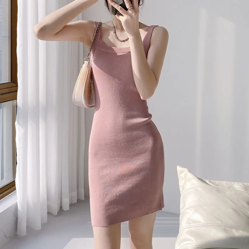 Office Lady Knitted Elastic Sleeveless Dress Women Black White Grey Apricot Pink Ginger Blue Hip Wrap Skirt Suspender MiniDress