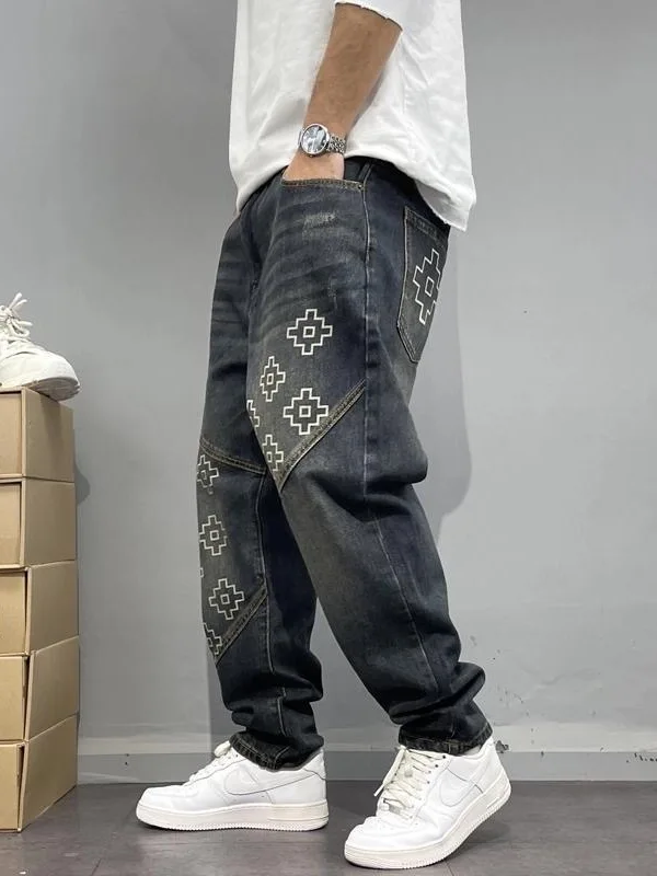 Loose Fit Printed Patchwork Jeans Men's Cone Shaped Straight Leg Pants American High Street Style Durable Casual Trousers