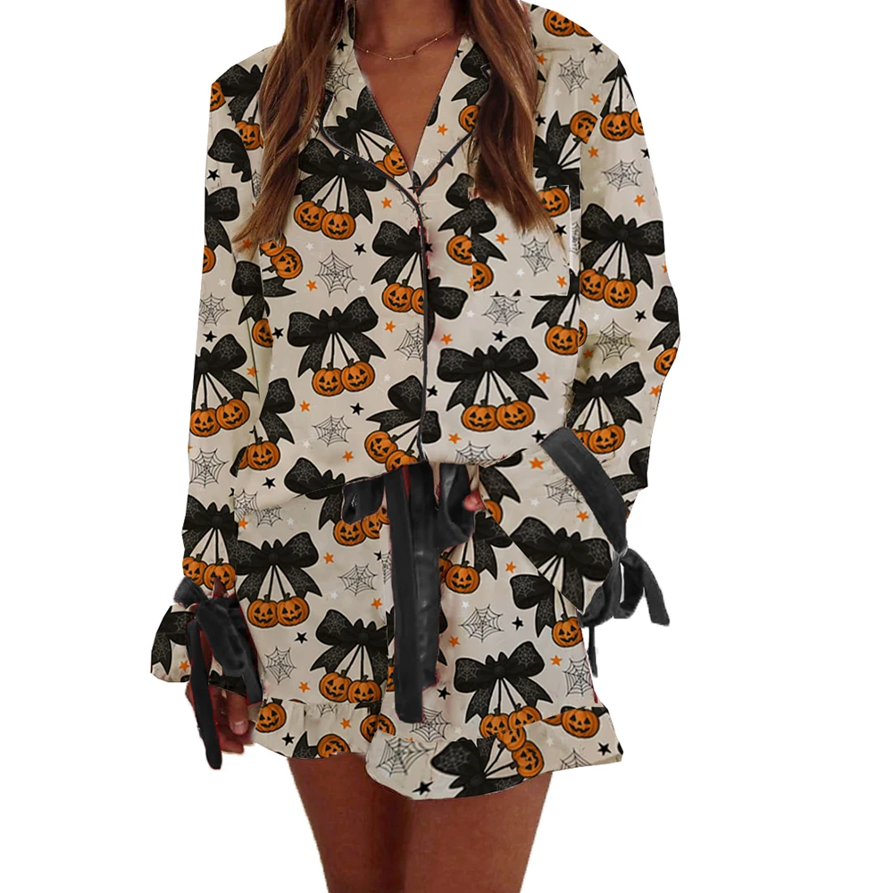 

Women’s Halloween Pajamas Sets Pumpkin Ghost Tie-up Long Sleeve Button Down Shirt and Casual Shorts Loungewear Party Outfits