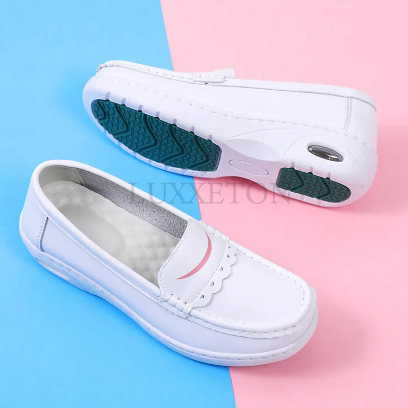 Air Cushion Nurse Shoes for Women Soft Soled Comfortable Non Slip Mid Heel Hollow Medical Work White Shoes