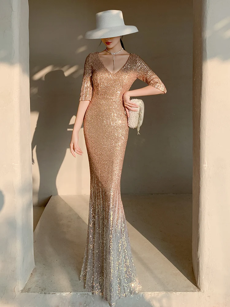 

Вечернее платье женское, новинка 2025 года, с золотыми пайетками, приталенное, фасон «русалка», для свадьбы и вечеринок