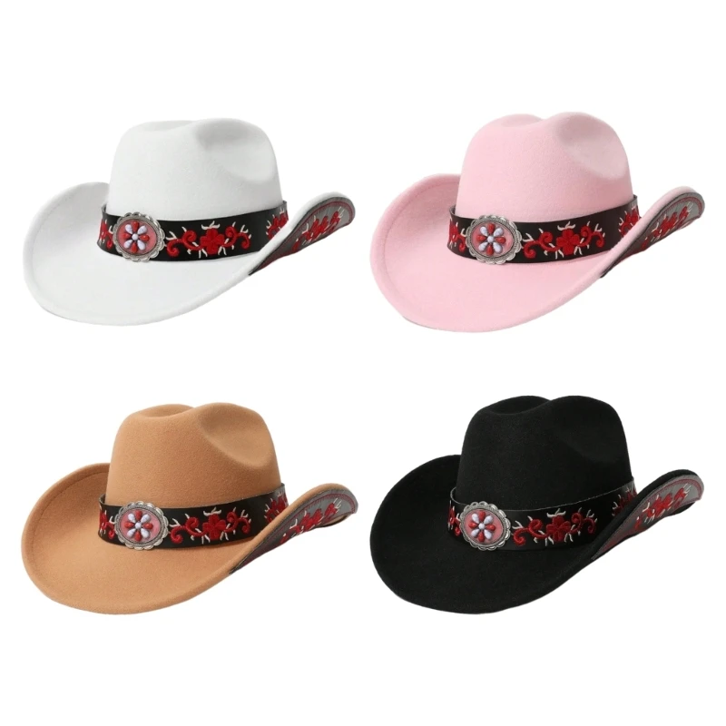 

Embroidered Bowler Hat Adult Unisex Magician Hat Outdoor Sunproof Hat Cowboy Headwear Wool Hippies Hat Beach Headwear