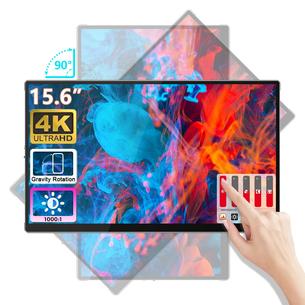 

Gravity Sensor Auto-rotating Bezeless Design 15.6 Inch 4K Portable Touchscreen UHD USB LCD Ip Gamer For Camera