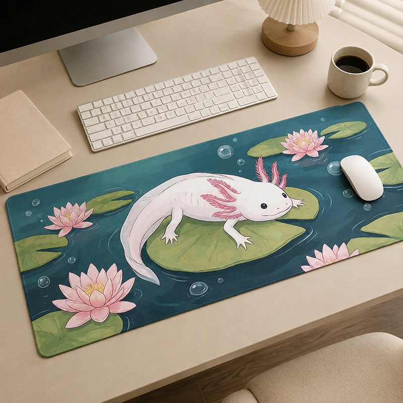 Mouse Pad White Axolotl Lily Pond Gaming printon demand HD Large Mousepad XXL Playmat Soft Non-Slip Gaming laptop Table Mat