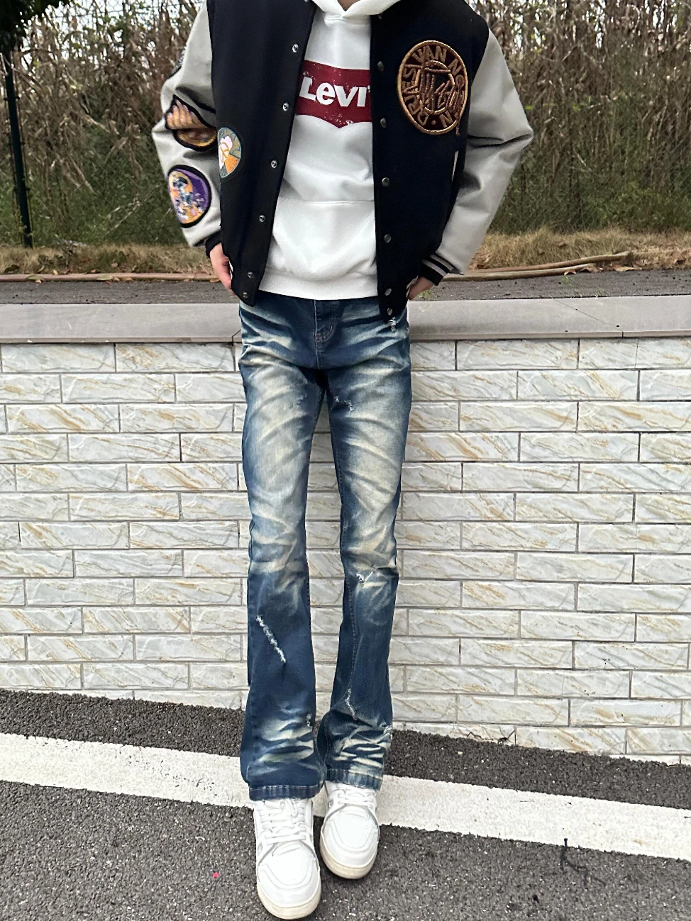 Retro American Vintage Waed  Hole Micro Flare Elastic Jeans Straight Leg Long Pants Youth Casual Cotton Polyester Blend