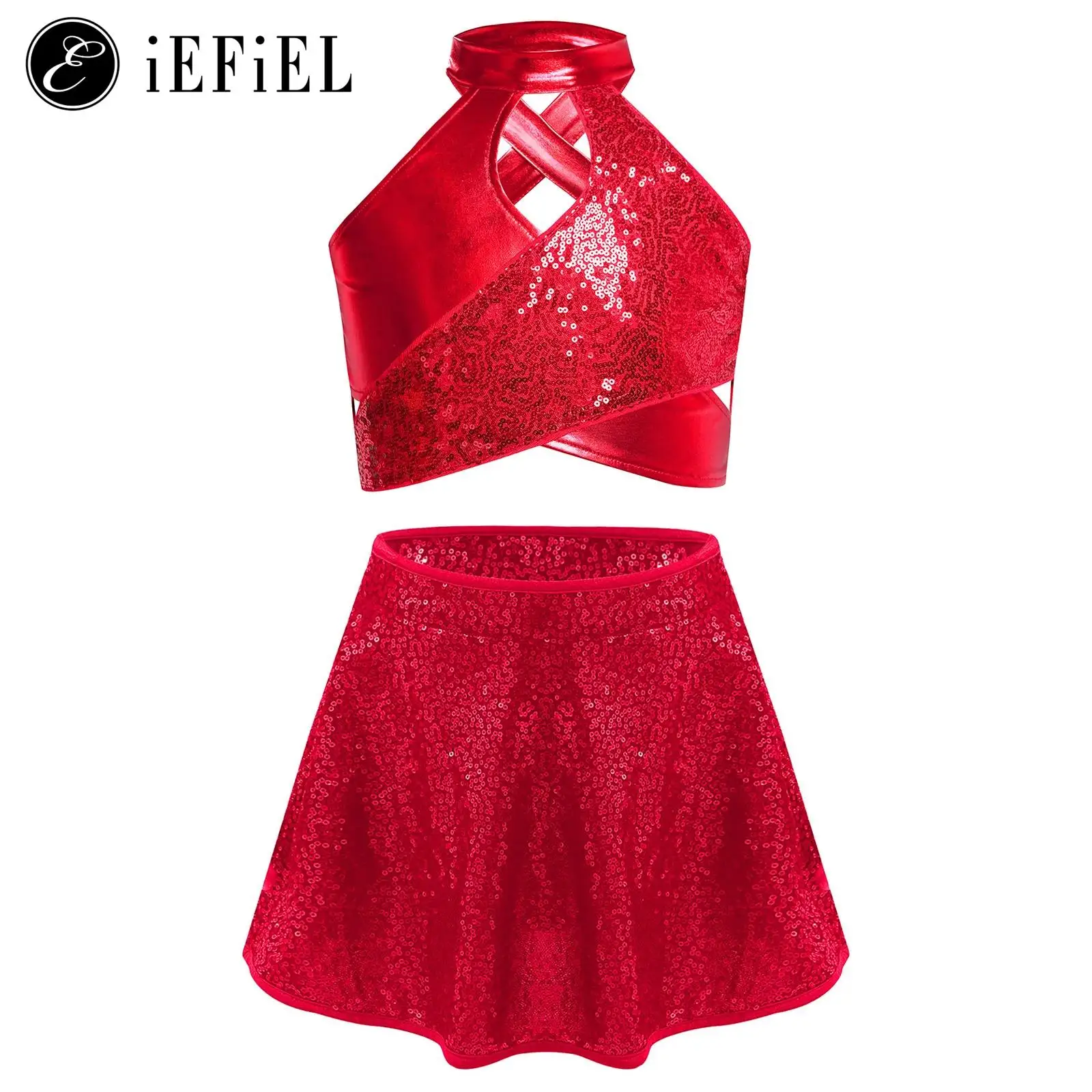 

Kids Girls Modern Jazz Hiphop Street Dance Stage Costume Sequins Halter Crop Top with A Line Skirts Cheerleading Uniform