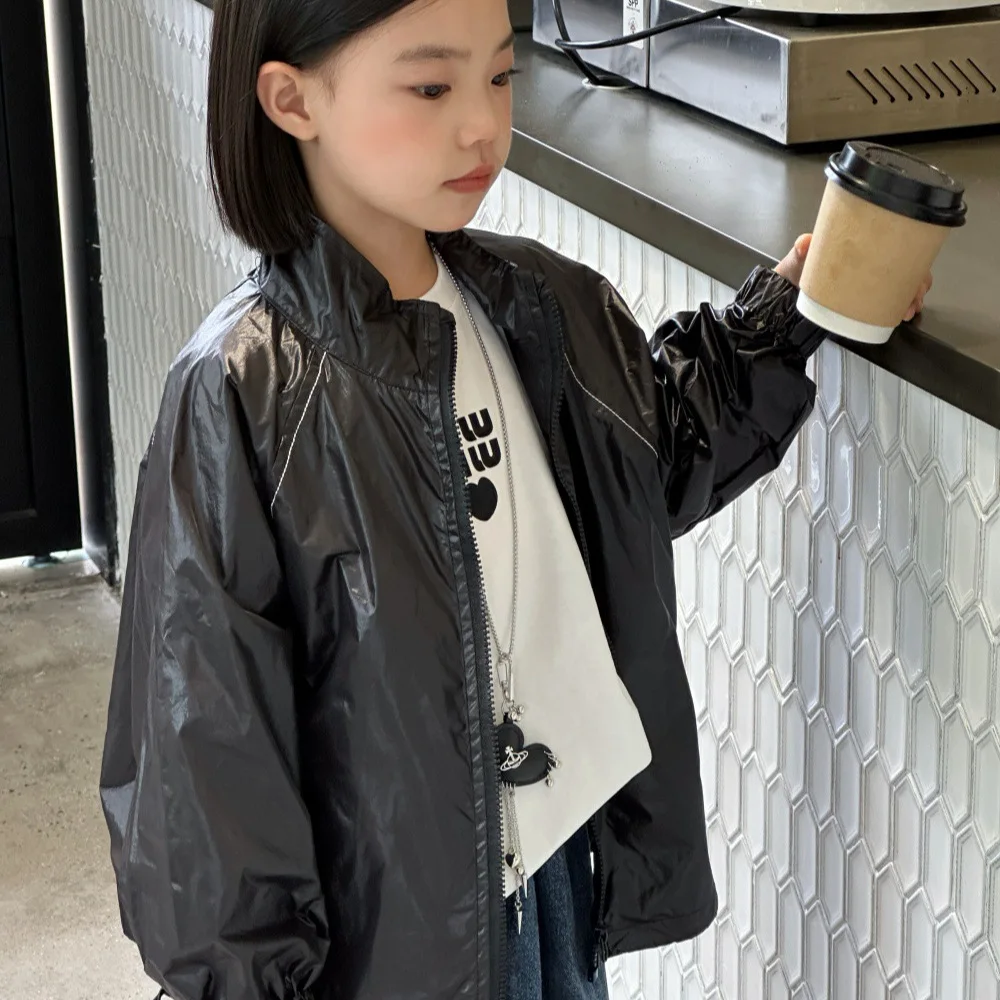 

2025 Autumn New Girls Coat Children Korean Embroidered Letter Coat Girls Trendy Cool Turn-down Collar Jacket Trendy