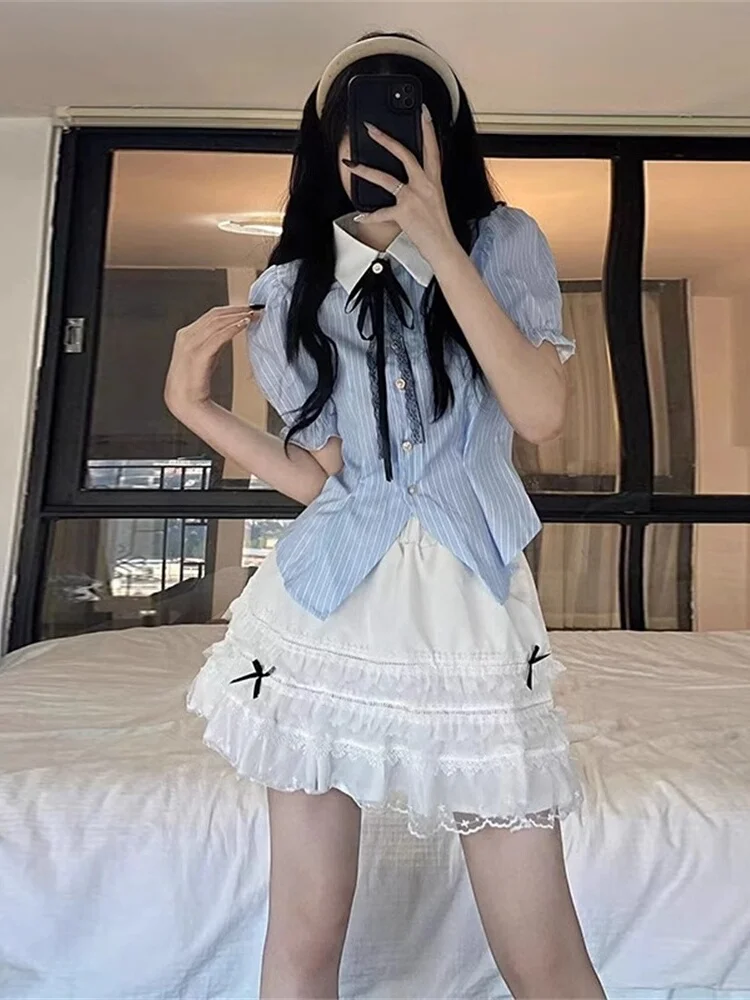

Korean Sweet Refreshing Collar Shirt High Waist Design Puffy Skirt Two-Piece Set Women Summer Fashion Outfit Polyester