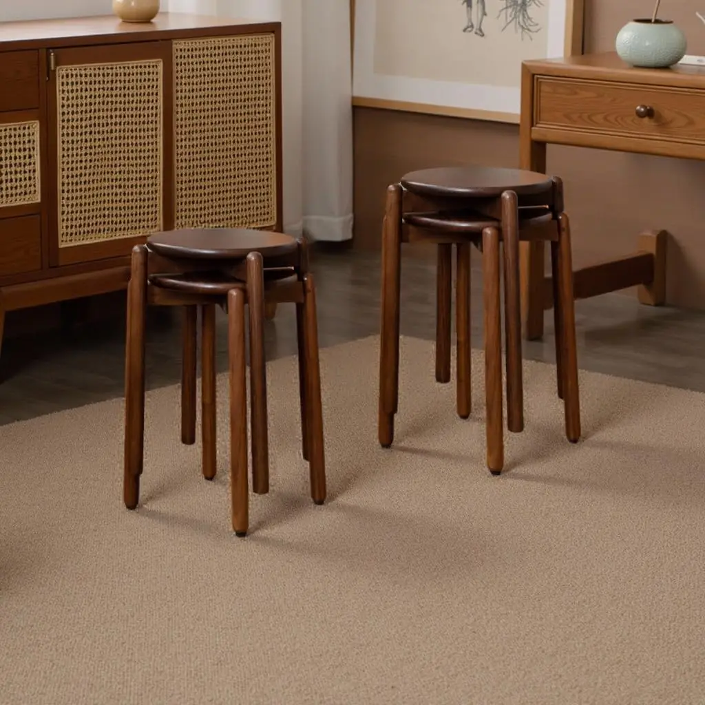 

Set of 4 Round Wooden Stools, Small Plant Stand, 15.4' x 15.4' x 16.7', Walnut Finish